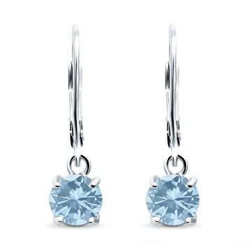 Lever Back Earring Round Simulated Aquamarine CZ 925 Sterling Silver (2mm-10mm)